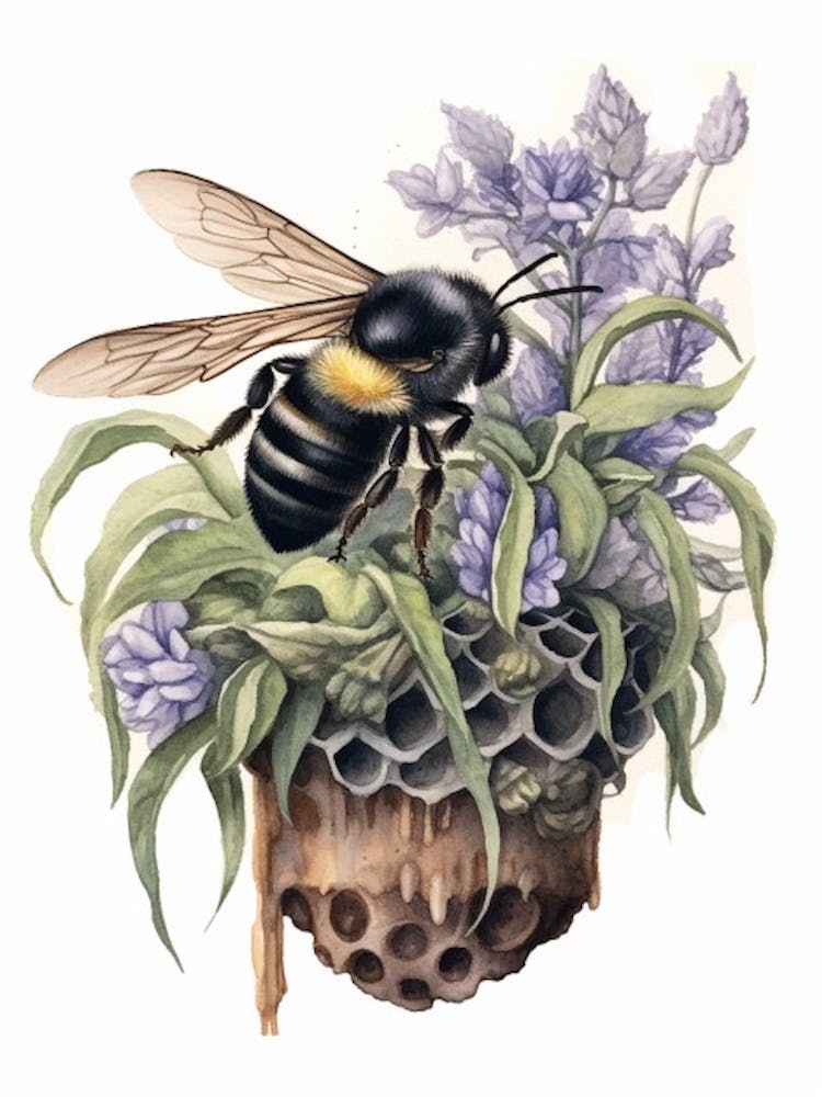 Violet Carpenter Bee Beehive Watercolour Illustration 4