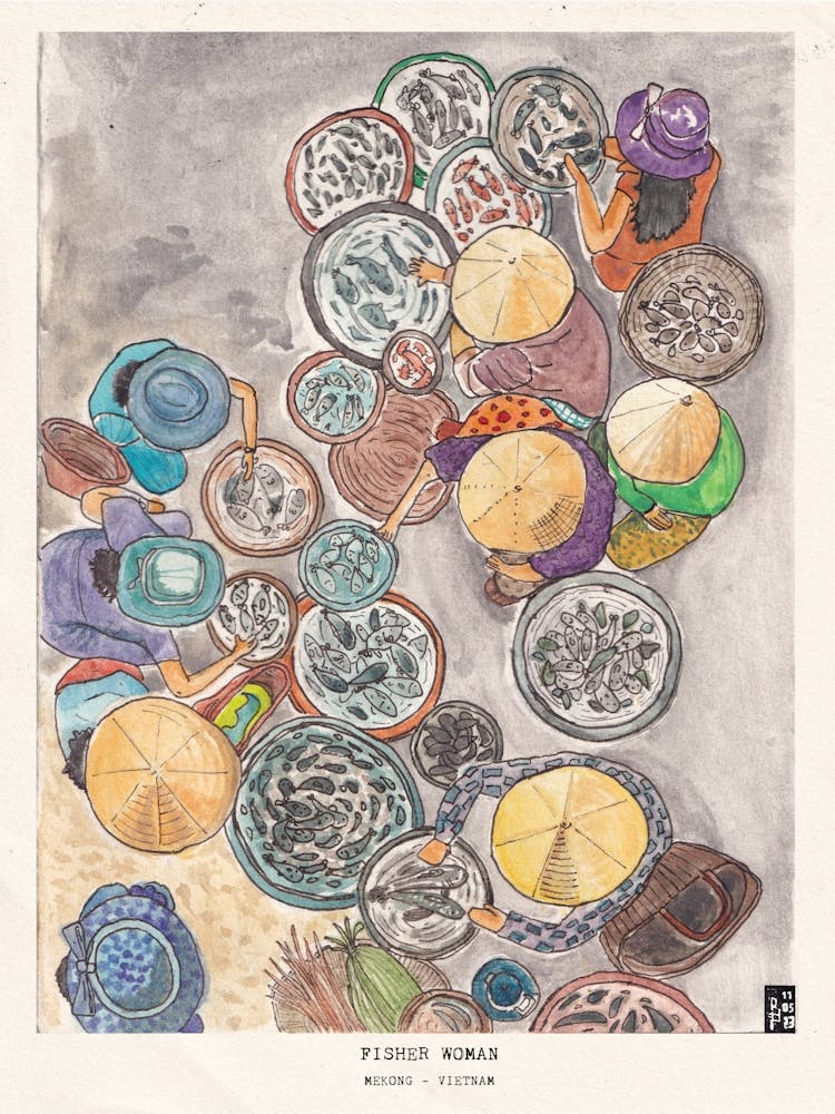 Vietnam Travel - Hoi An Fish Market Watercolor - Vietnamese Culture Tropical Illustration - Vietnam