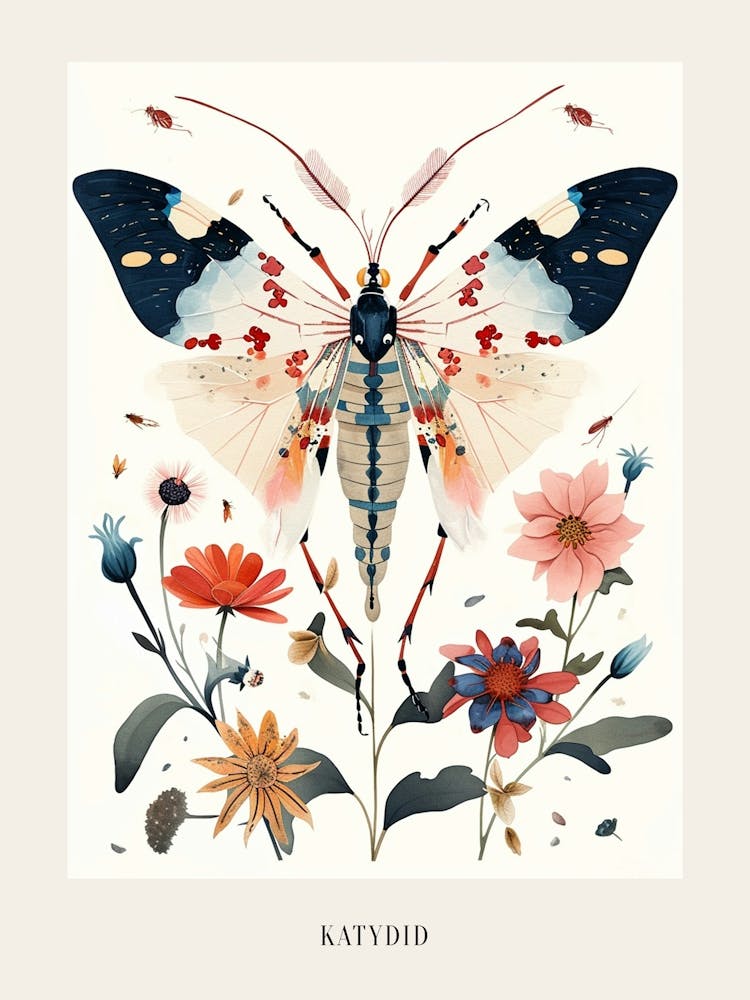 Bunte Insektenillustration Laubheuschrecke 10 Poster
