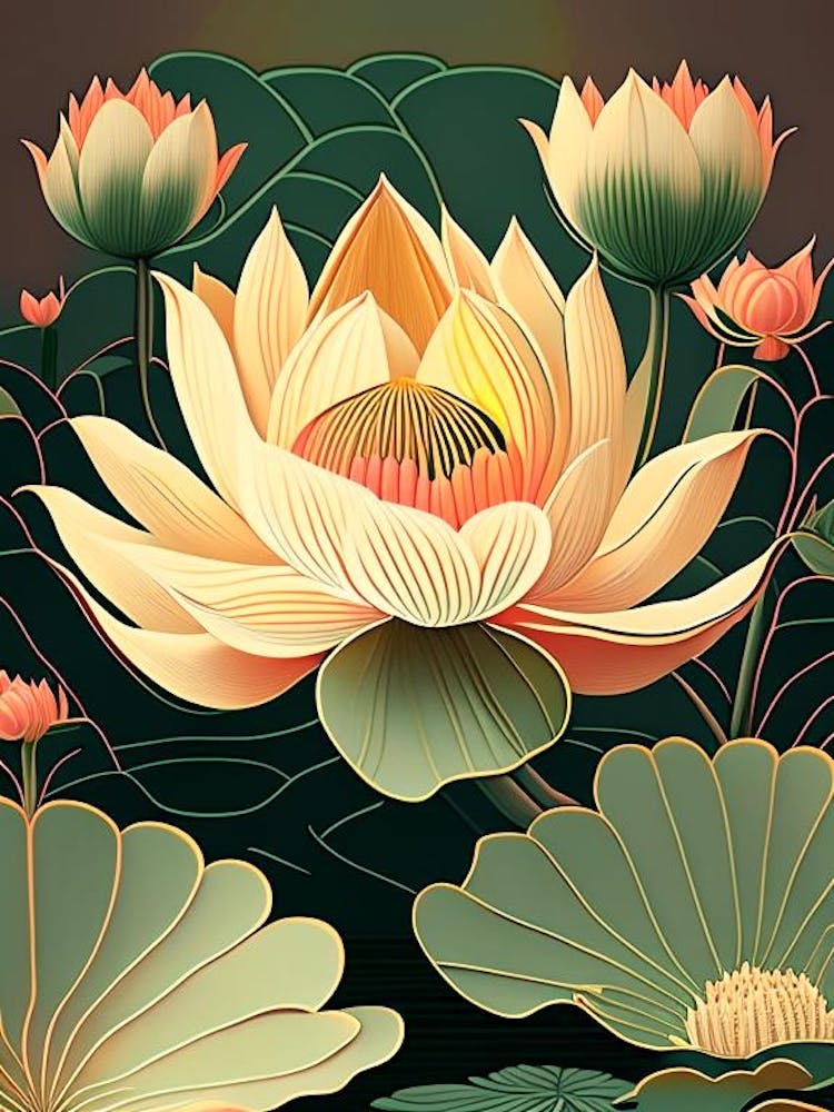 Lotus Flower In Garden Retro Illustration 1