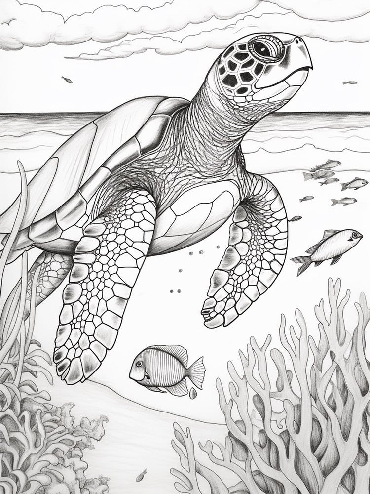Realistic Sea Turtle Line Illustration