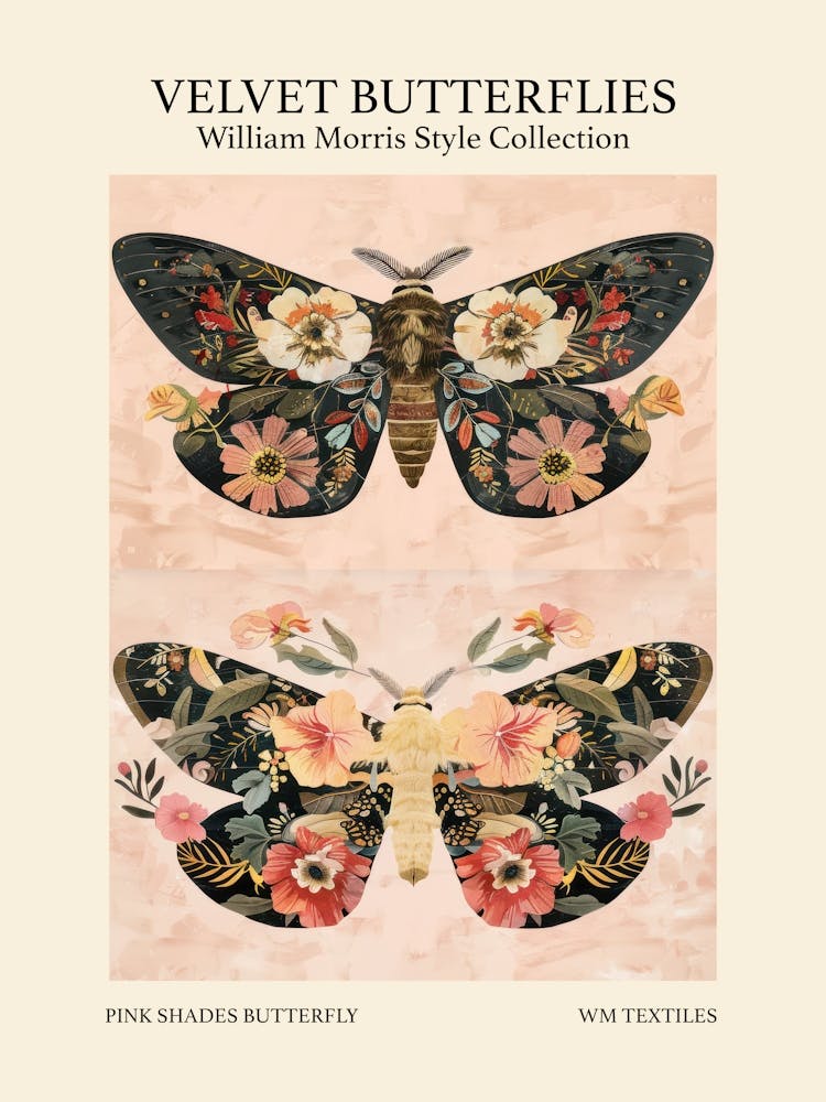 Velvet Butterflies Collection Pink Shades Butterfly William Morris Style 1