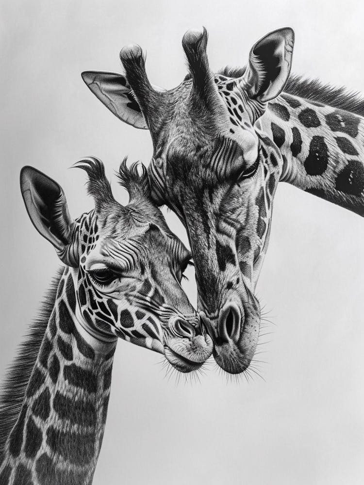 Pencil Portrait Of Giraffe Mother & Calf 3