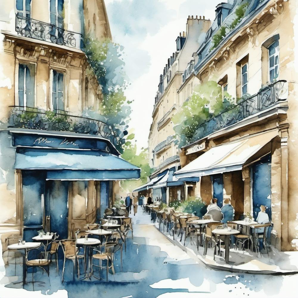 Paris Street Cafe Scene Illustration Sage Blue Watercolour 3 2