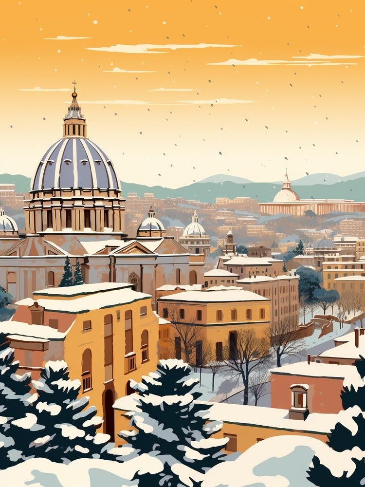 Vintage Winter Travel Illustration Rome Italy 2