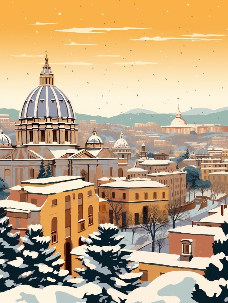 Vintage Winter Travel Illustration Rome Italy 2