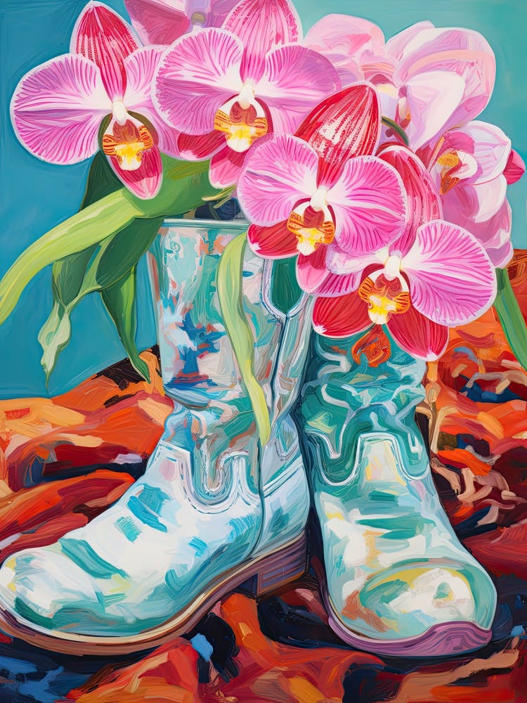Oil Painting Of Pink And Red Flowers And Cowboy Boots, Oil Style 2