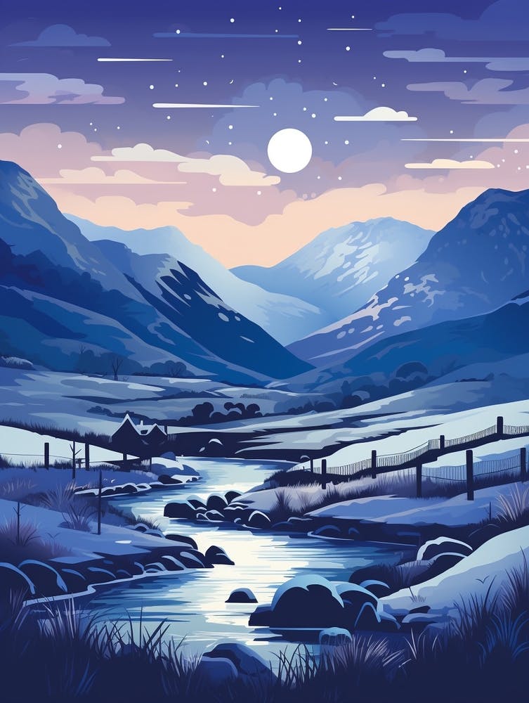 Winter Travel Night Illustration Snowdonia National Park 2