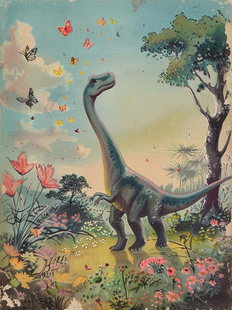 Dinosaur Catching Butterflies In The Meadow Vintage Illustration