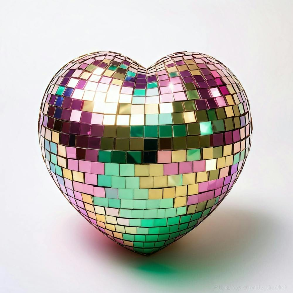 Floating Heart Shaped Disco Ball Reflection In 3d Integrating Gold Pink Orange Purple Green Am