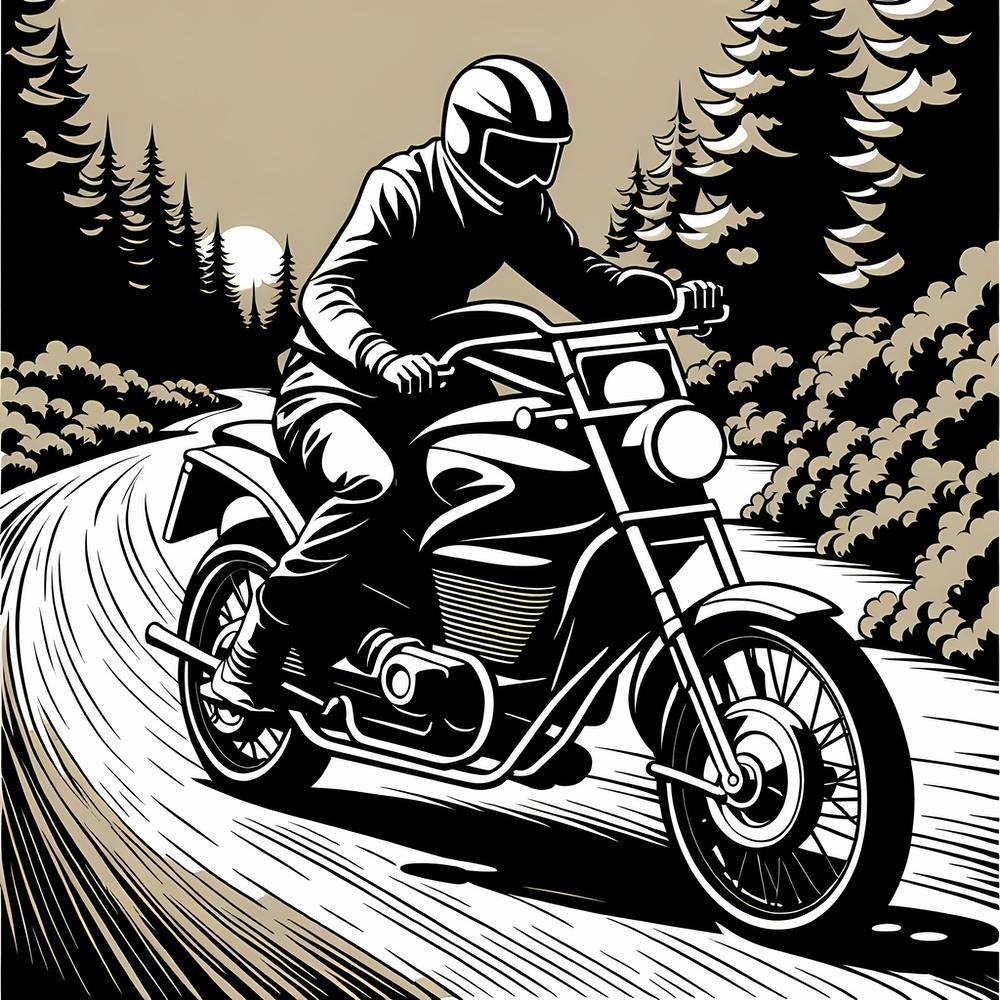 Motard Dans La Forêt, art monochrome noir et blanc