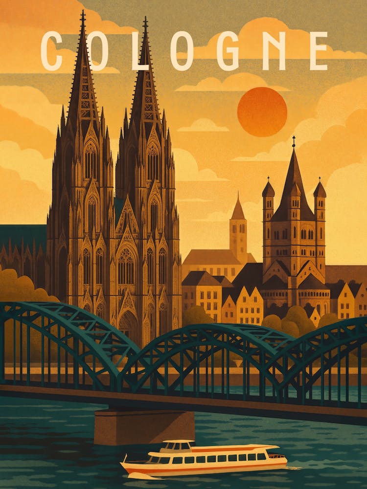 Cologne Travel Poster Germany – Cathedral & Rhein River View: This travel poster of Cologne features the towering Kölner Dom and the scenic Rhein River. A gothic landmark wrapped in sunset light – perfect for fans of German history and riverside city charm.
