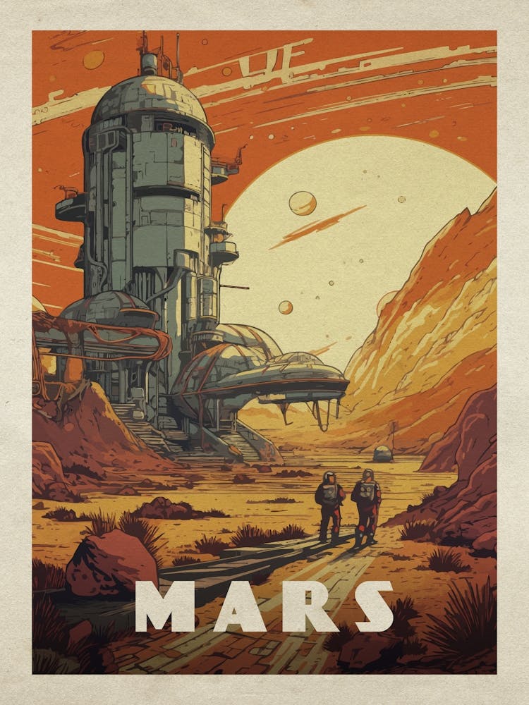 Mars, colony, astronaut — Vintage space poster, retro space art, retrofuturism, retro sci-fi 3