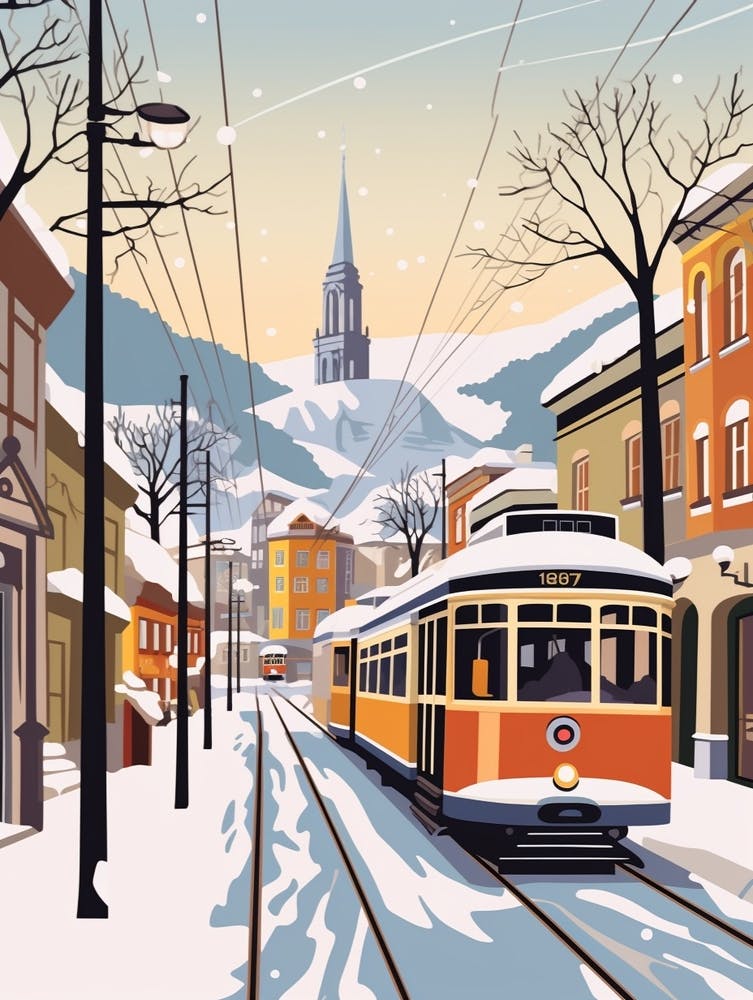 Vintage Winter Travel Illustration Bergen Norway 3