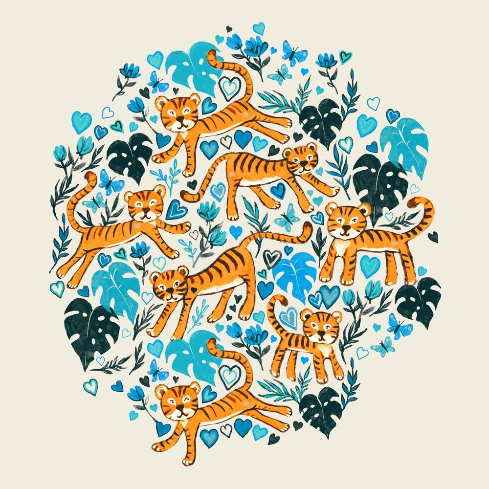 Happy Valentine Tigers In Blue Square