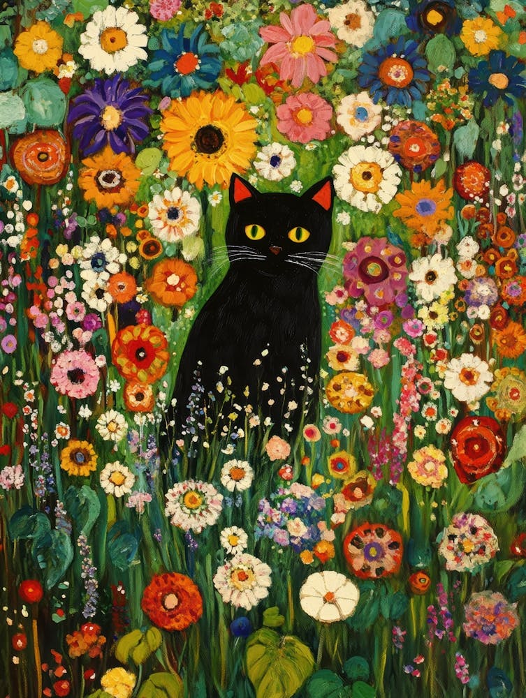 Black Cat In A Flower Garden