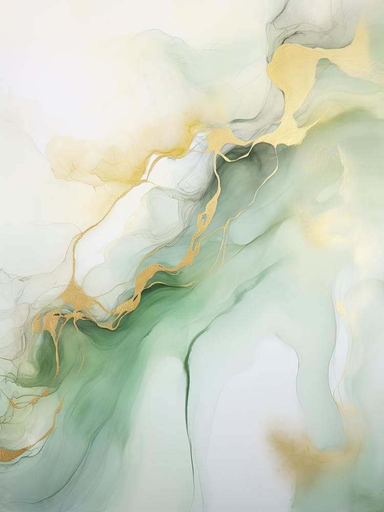Green, White, Gold Flow Asbtract Painting 0