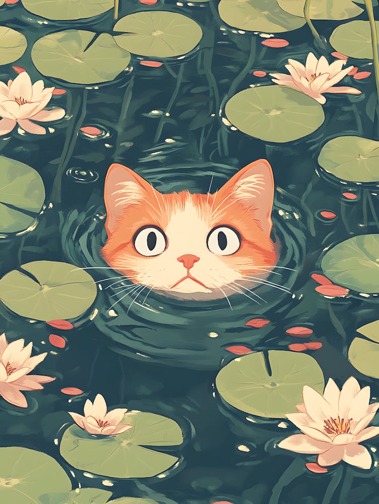 Niedliche Katze schwimmt zwischen Seerosen