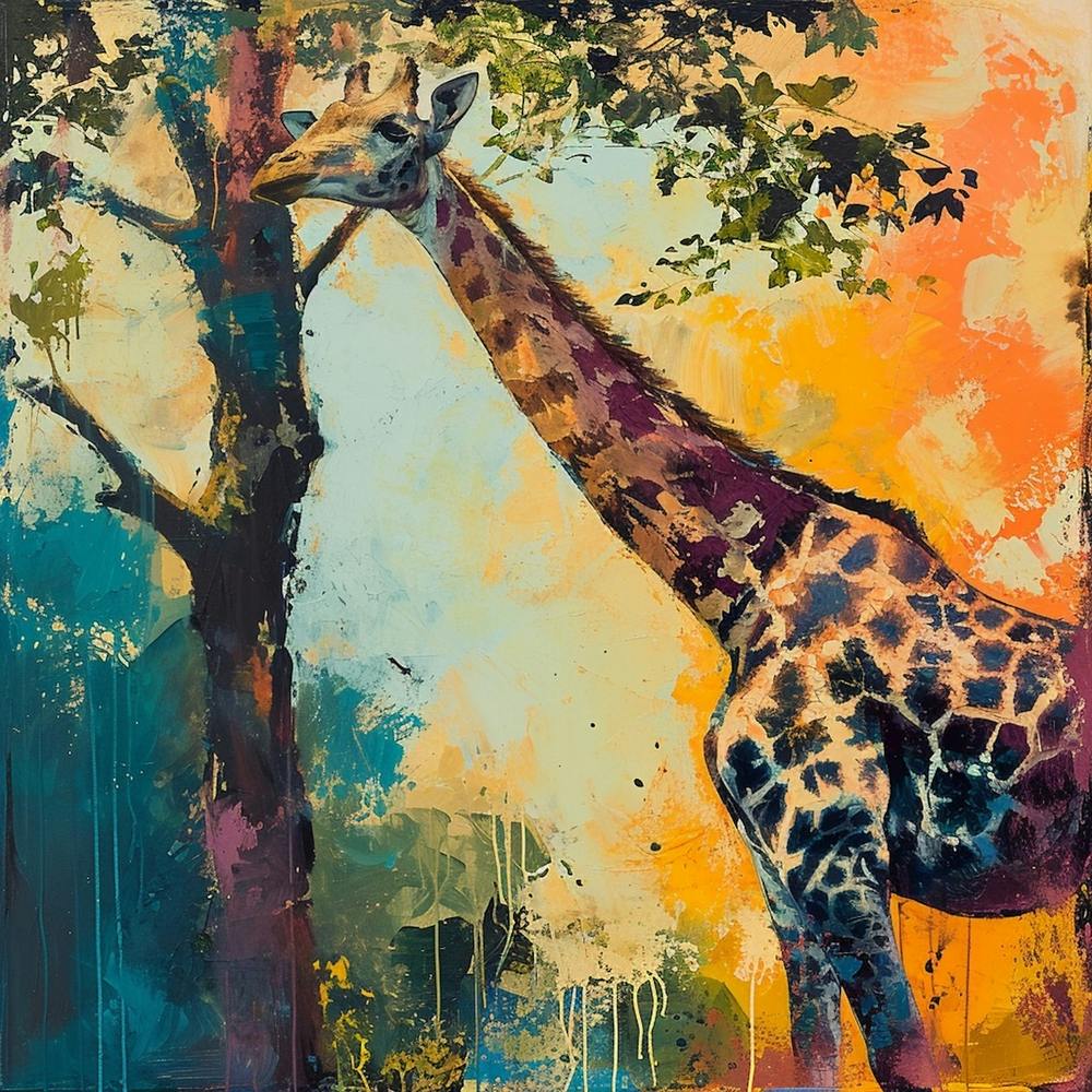 Giraffe Scratching Neck Against A Tree Brushstroke Inspired  1