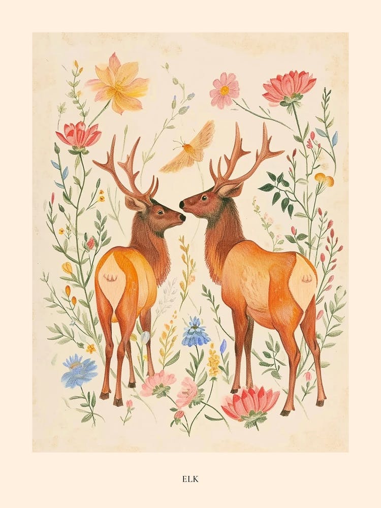 Folksy Floral Animal Drawing Elk Poster
