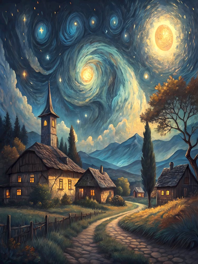 Oil Painting Style Starry Night Village Van Gogh Inspired Landscape with Moon and Swirling Sky