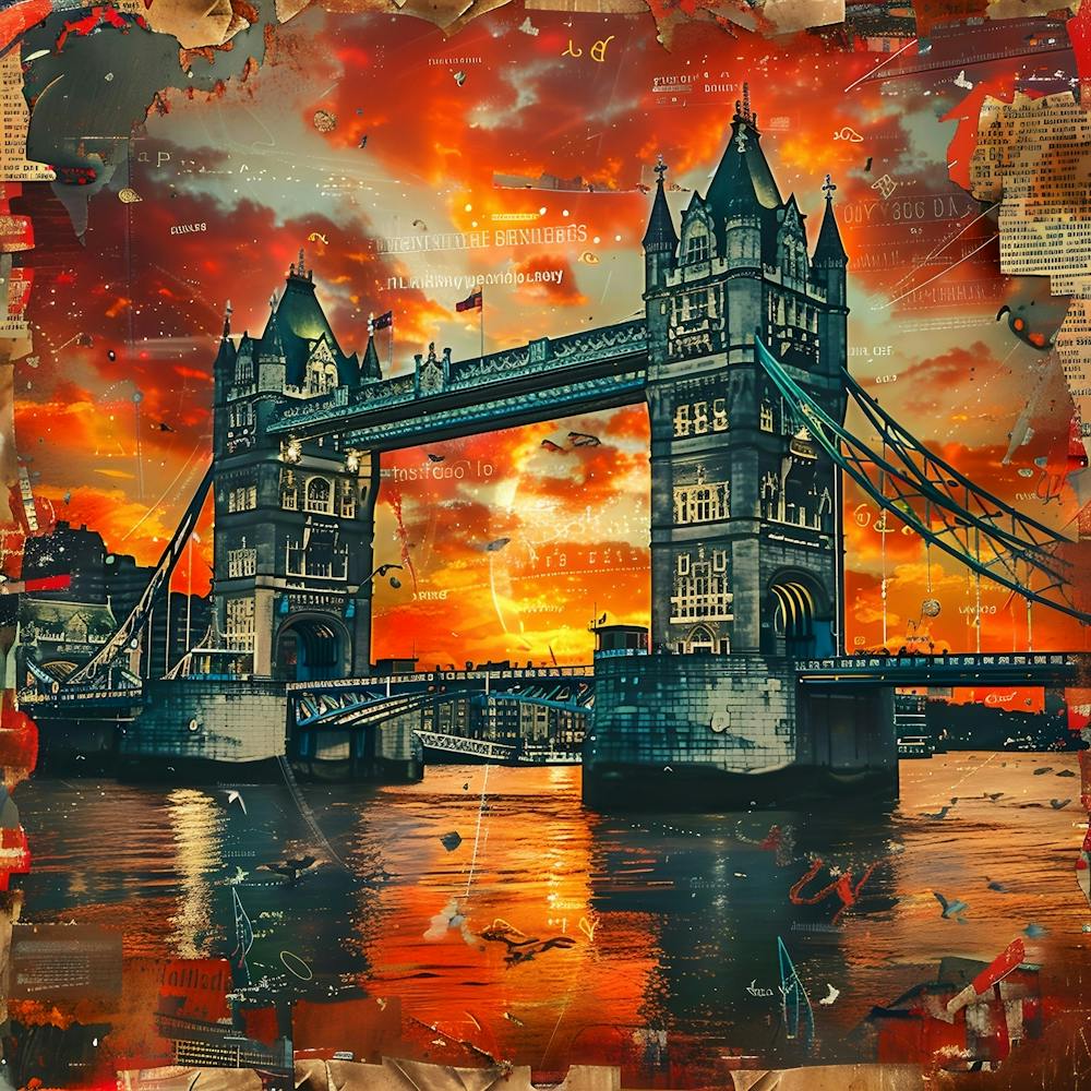 Tower Bridge At Sunset, retro collage