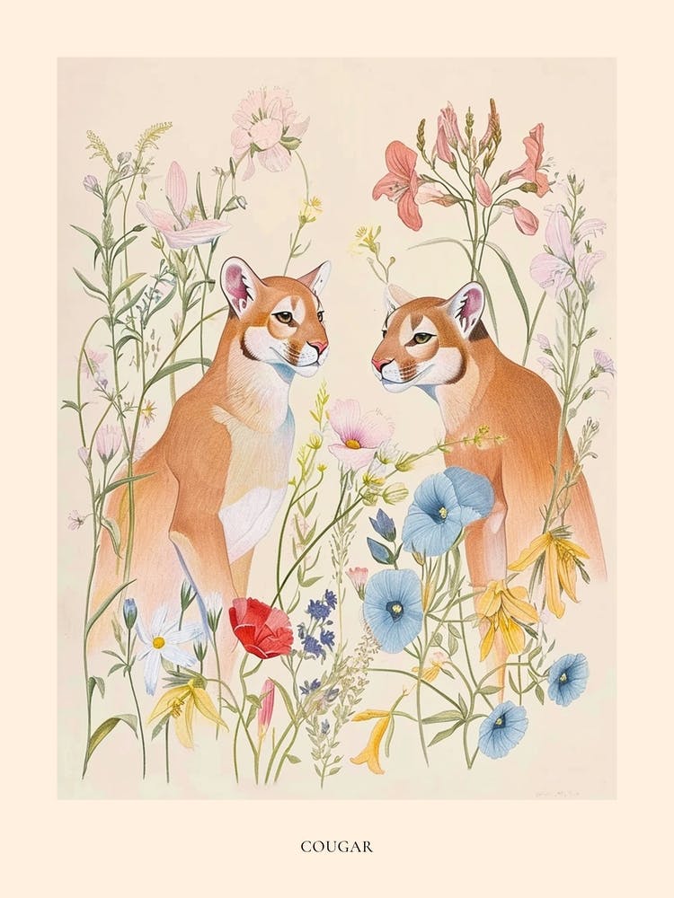 Folksy Floral Animal Drawing Cougar Poster