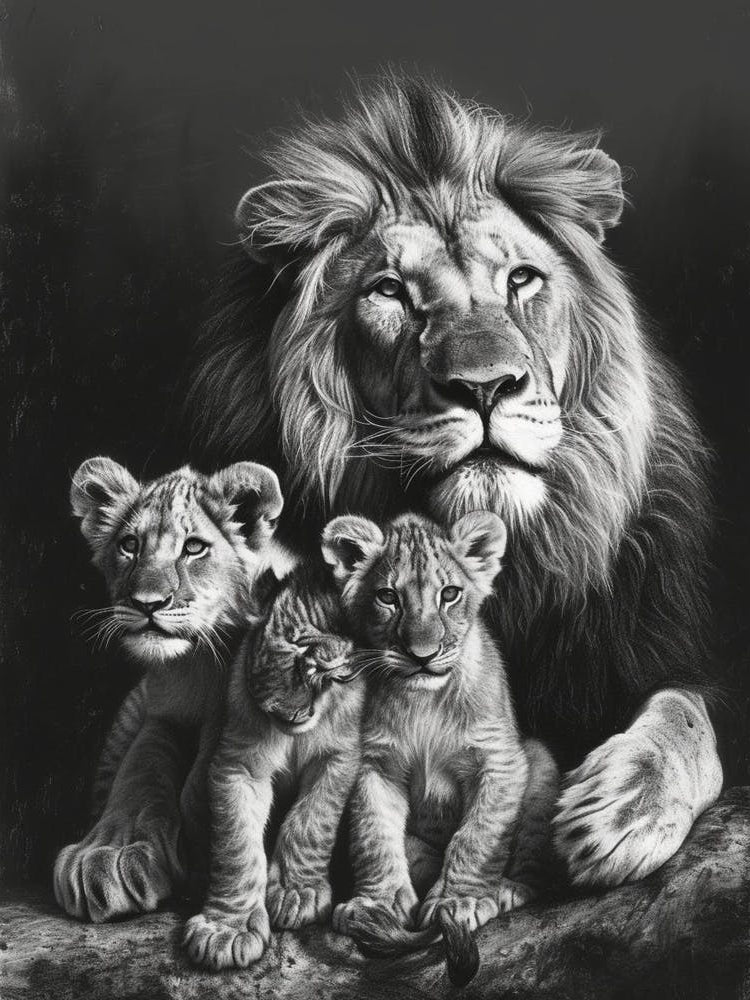 Barbary Lion Charcoal Drawing Family Bonding 4
