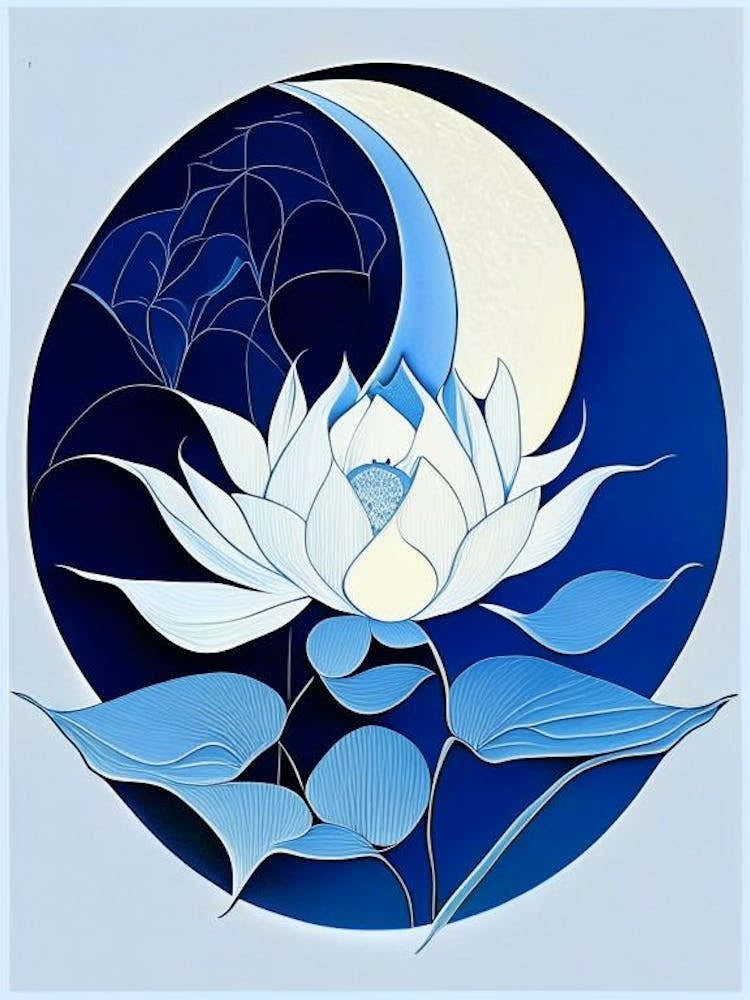 Lotus- und Mondsymbol Blau-weiße Strichzeichnung