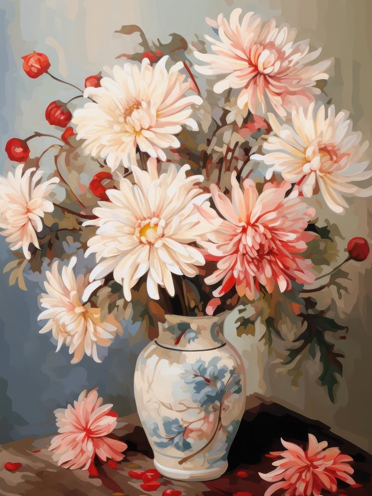 Fleur de Chrysanthème et Pêches Peinture Nature Morte 4 Onirique