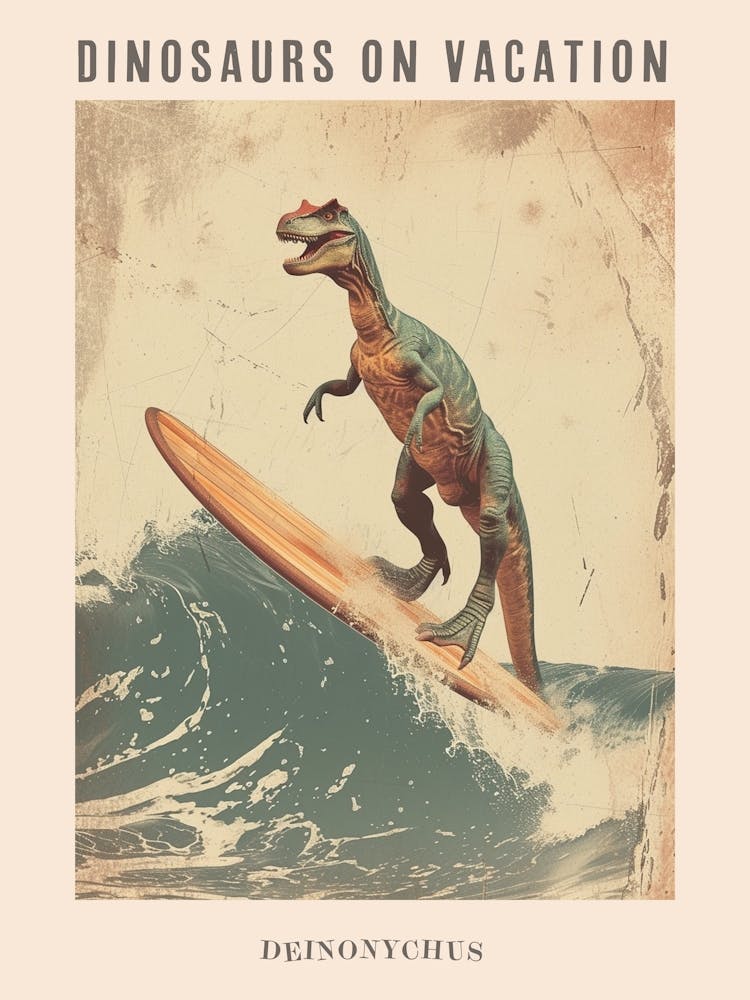 Vintage Deinonychus Dinosaur On A Surf Board 2 Poster