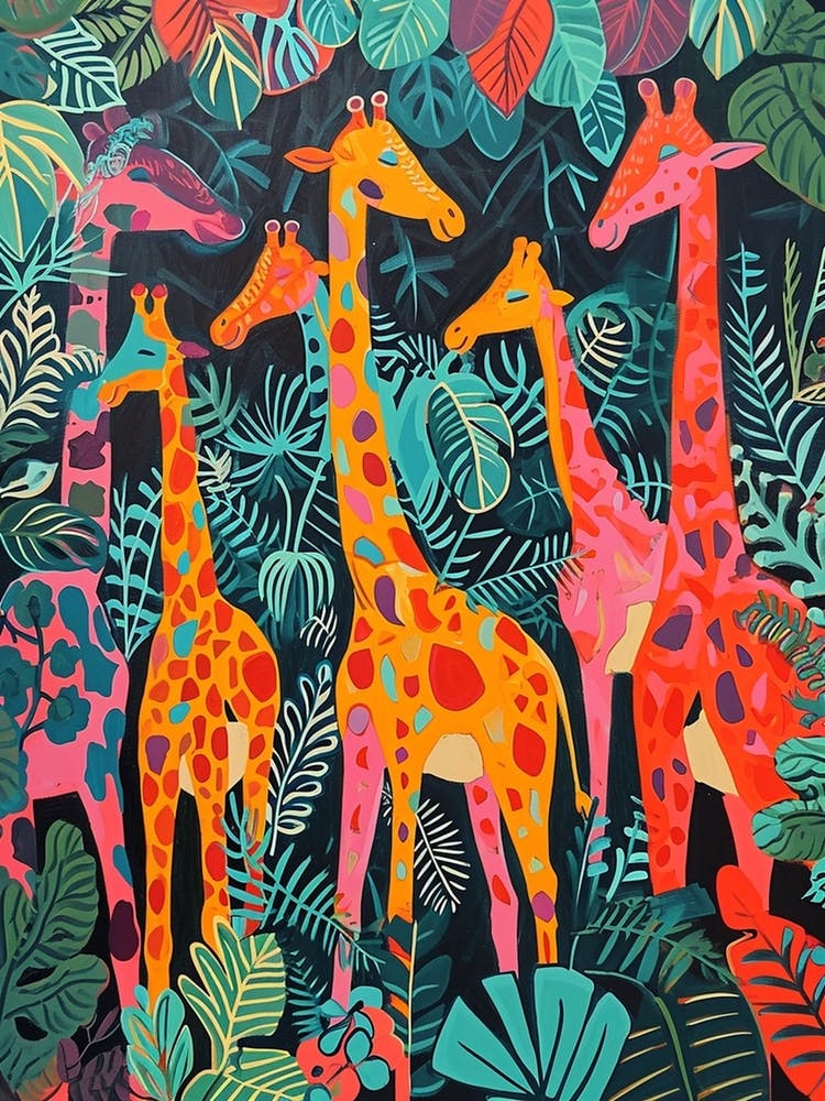 Cute Kitsch Giraffe Herd In The Leaves