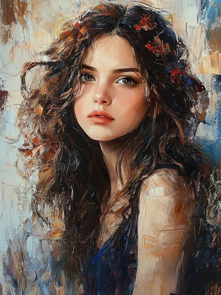 Portrait Of A Young, Dreamy Girl With Curly Brown Hair On A Mysterious Abstract