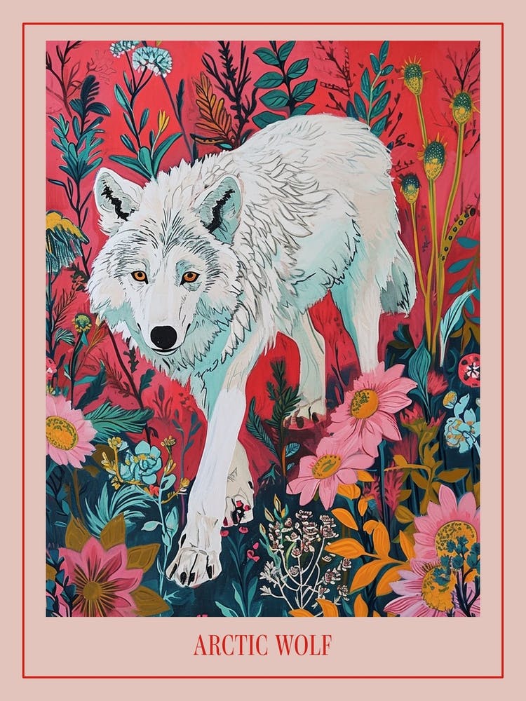 Floral Animal Painting Arctic Wolf 1 Poster