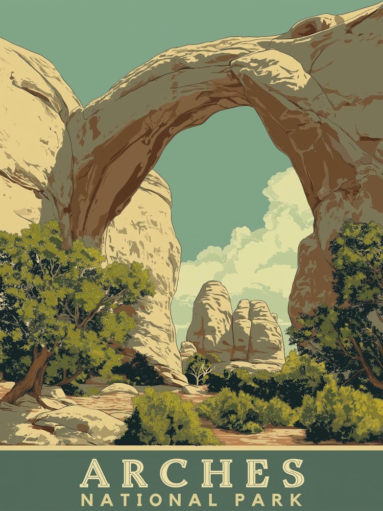 Vibrant Retro-Style Arches National Park Poster – Iconic Rock Formations Art