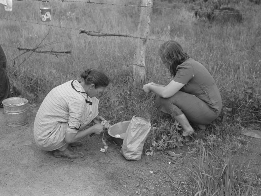 Women Of A Migrant Family Peeling Potatoes Near Henrietta I E, Henryetta, Oklahoma By Russell Lee