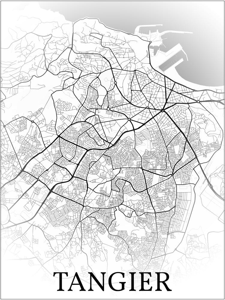 Tangier, Morocco, City Map, Black And White Fade Design