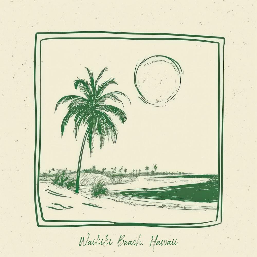 Waikiki Beach, Hawaii Green Line Art Illustration