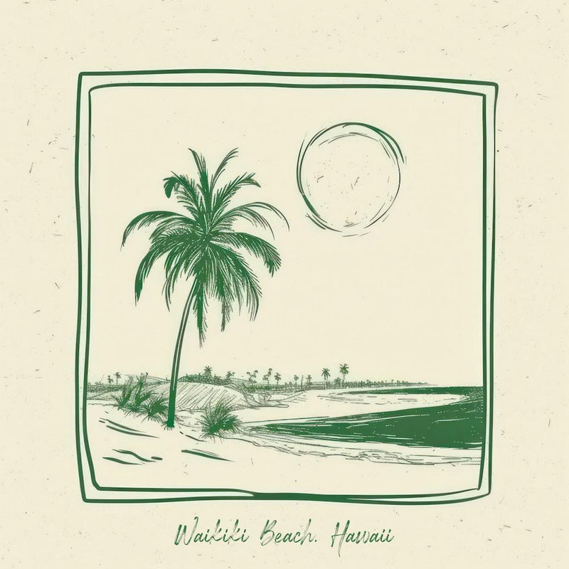 Waikiki Beach, Hawaii Green Line Art Illustration