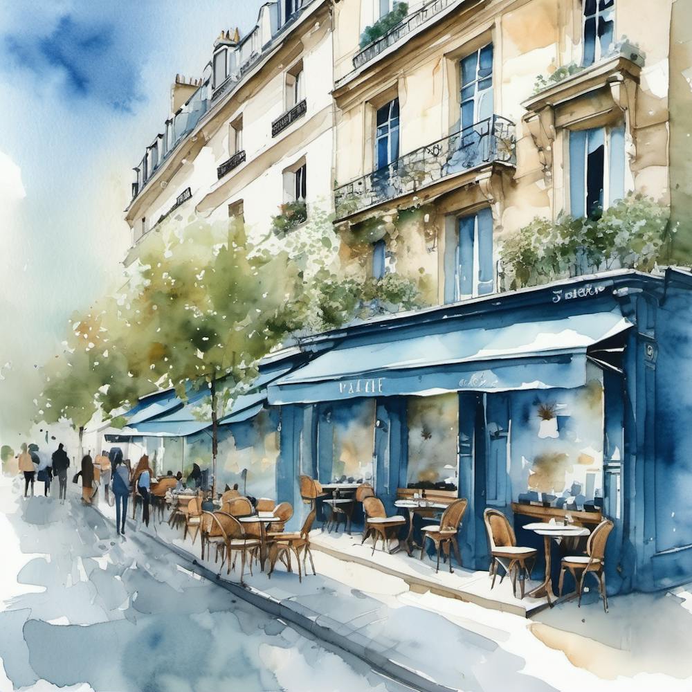 Paris Street Cafe Scene Illustration Sage Blue Watercolour