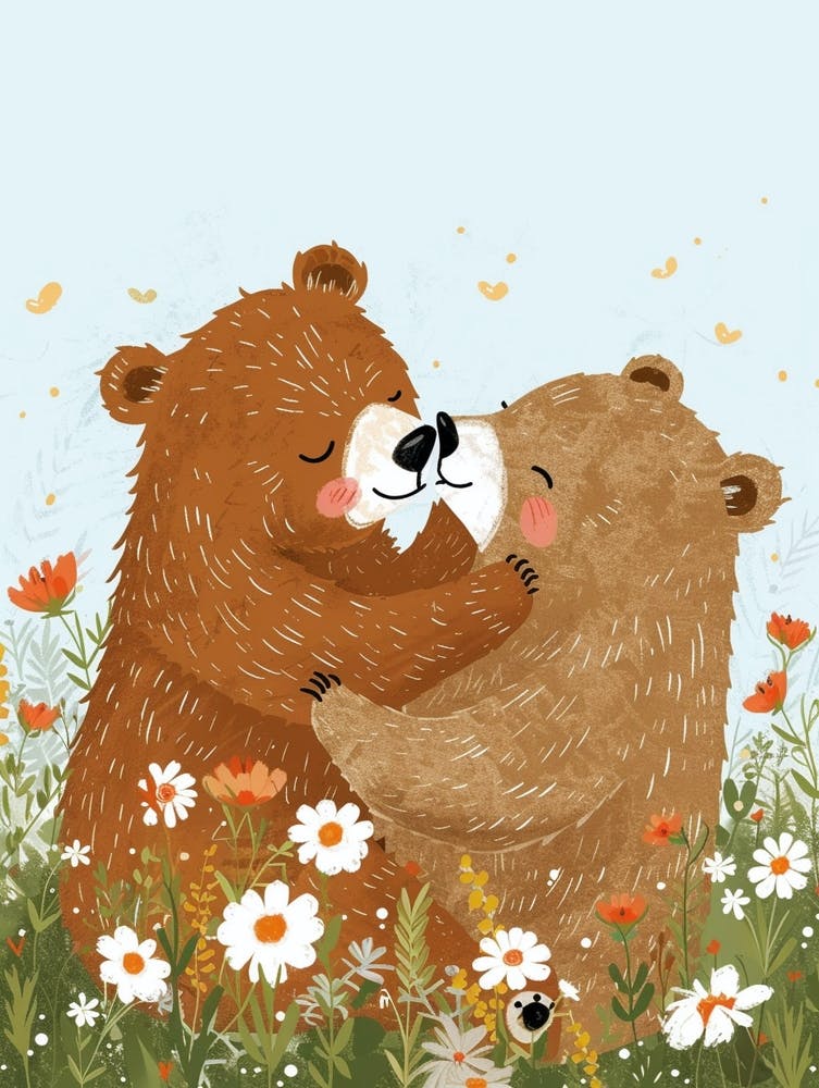 Two Bears Playing Together In A Meadow Storybook Illustration 4
