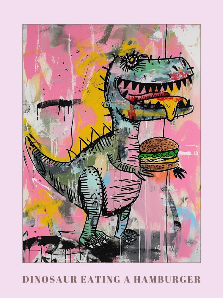 Dinosaur Eating A Hamburger Pink Blue Graffiti Style 1 Poster