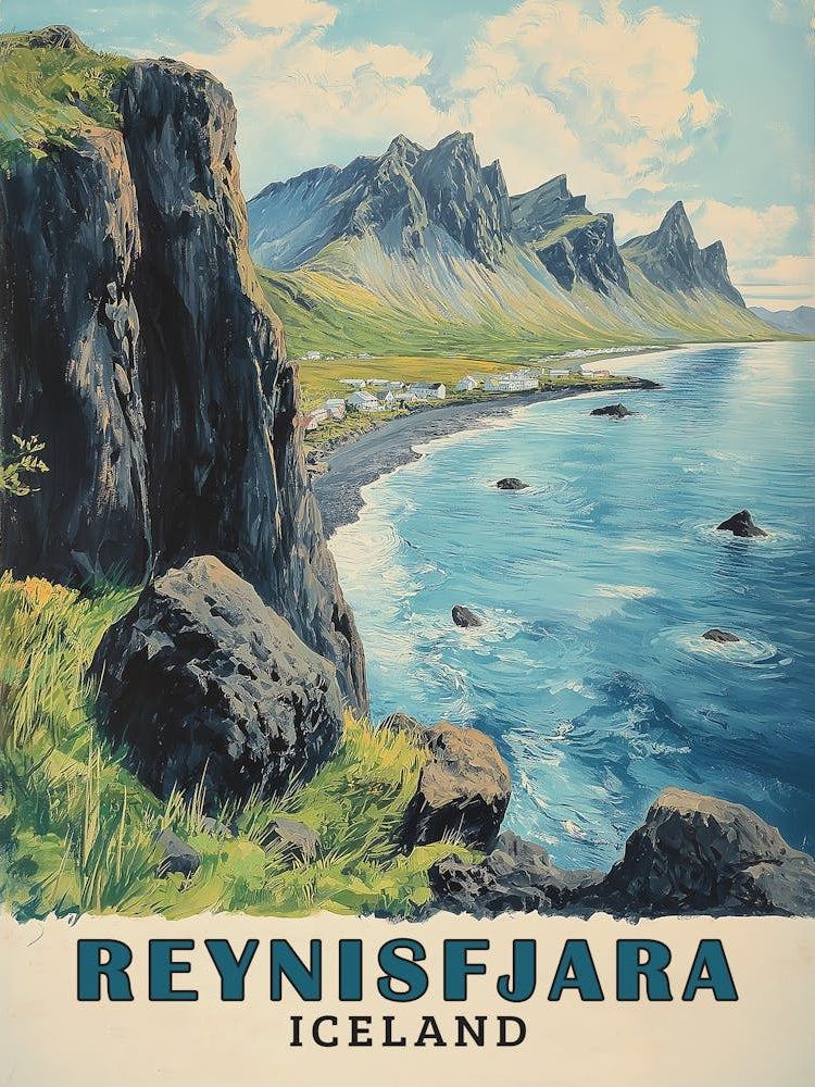 Reynisfjara Beach Iceland Vintage Travel Poster