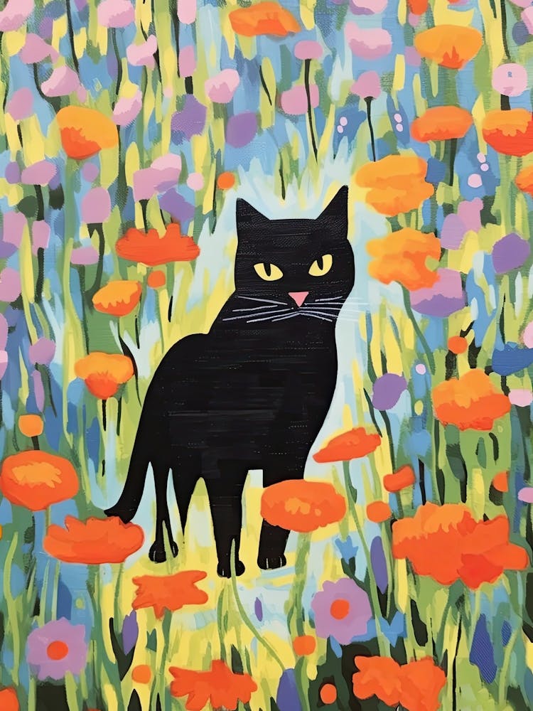 Cute Black Cat Painting In A Field Of Flowers