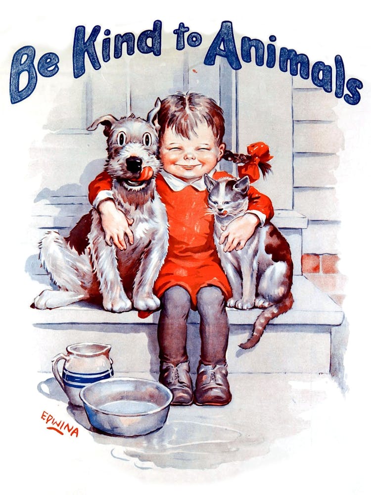 Little Girl With Dog And Cat, Be Kind To Animals, Vintage Poster