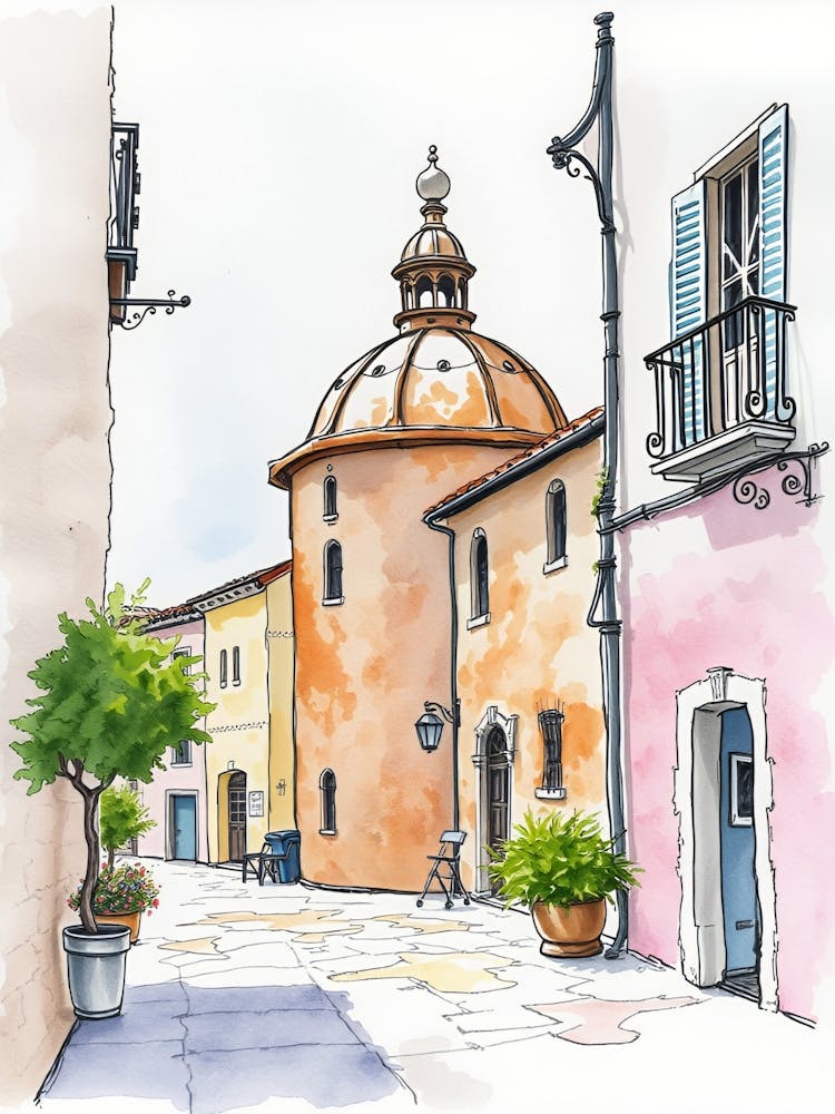 Watercolor Sketch Of Italian Town