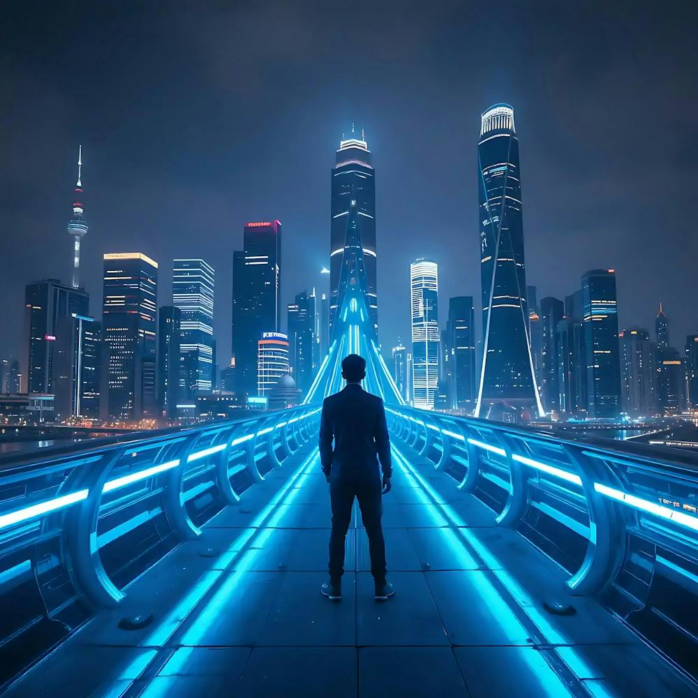 Silhouette of man at Futuristic Cityscape