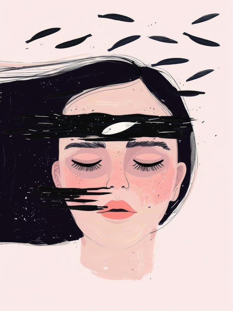 Illustration Of A Woman With Fish Flying Around Her Head 1