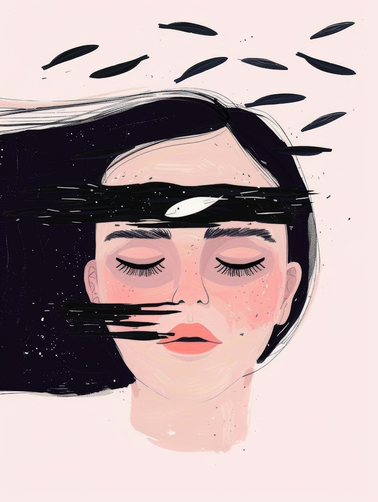 Illustration Of A Woman With Fish Flying Around Her Head 1