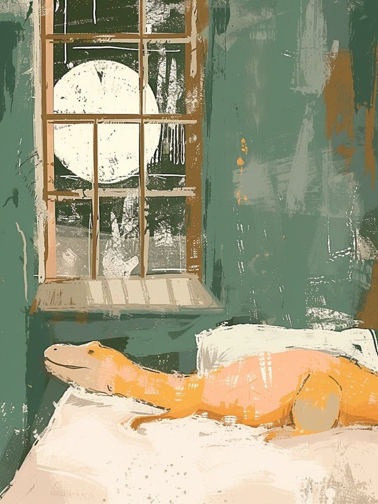 Muted Pastel Mustard Teal Dinosaur In Bed